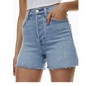The '50s Arlo Hi Mid-thigh High-rise Denim Cut-off Summer Shorts- Light/Med Wash